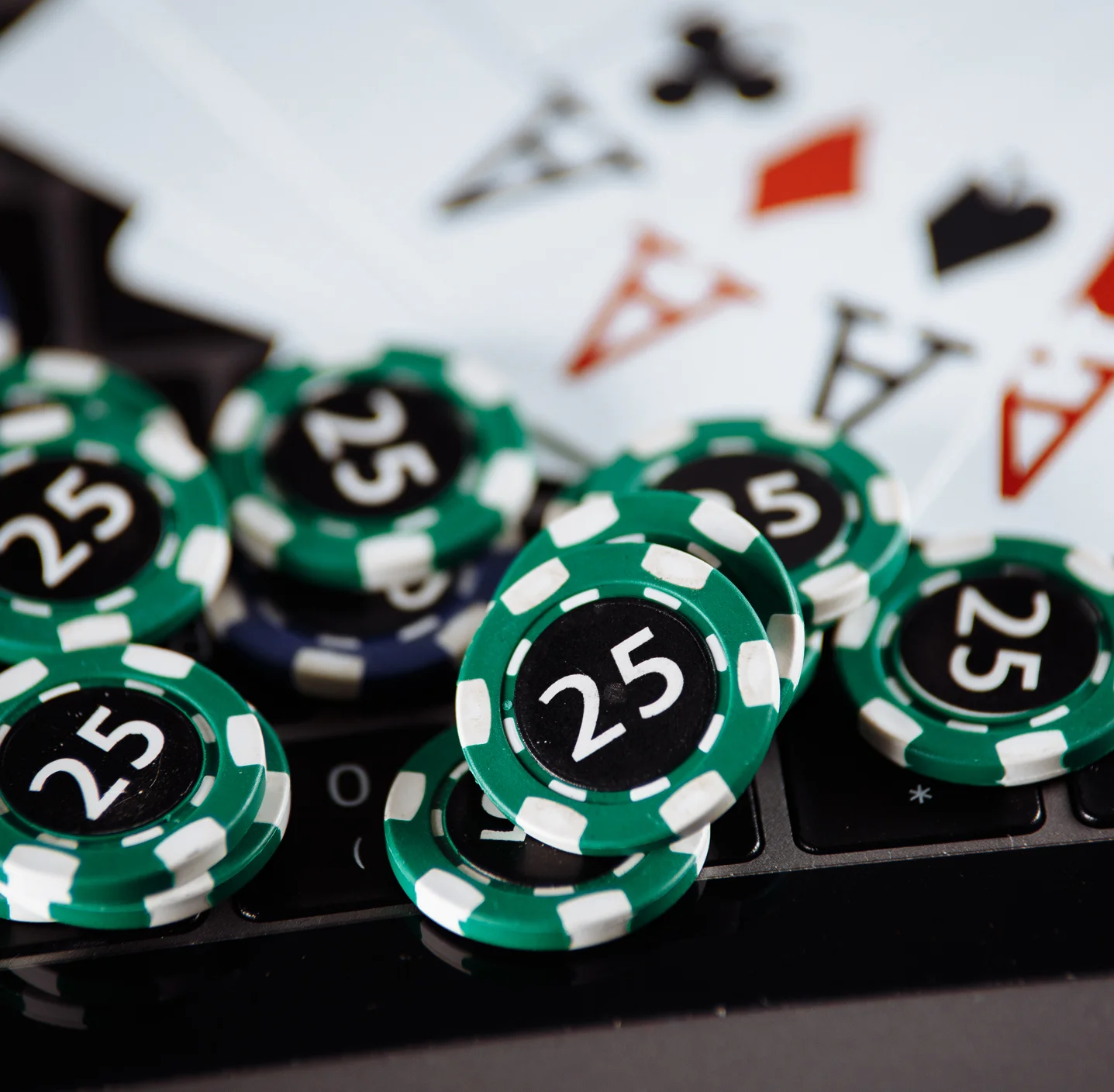 Neon 3D render of a roulette wheel, dice, and casino chips